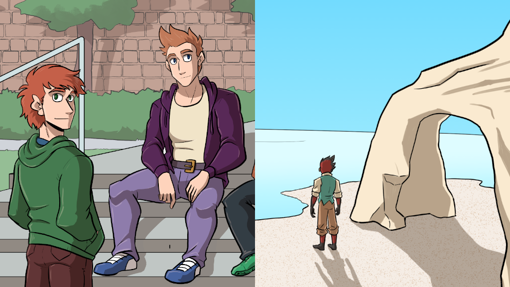 the kickstarter header image for new punk signal and fwishi'shi. This is split down the middle: on one side are two white boys smiling at the camera in relaxed streetwear. On the right is an anthropomorphic bird man with his back to the viewer, gazing out to the sea