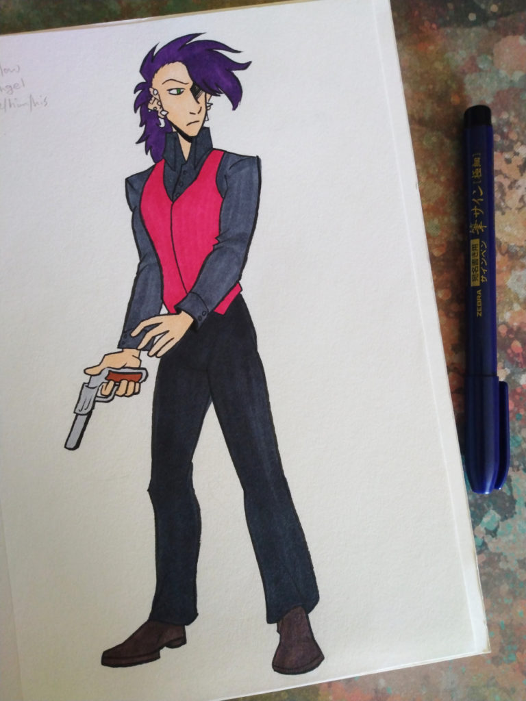 inktober sketch showing a very tall man with a purple mohawk, bright red vest, and black, well-pressed outfit. He's carrying a pistol.