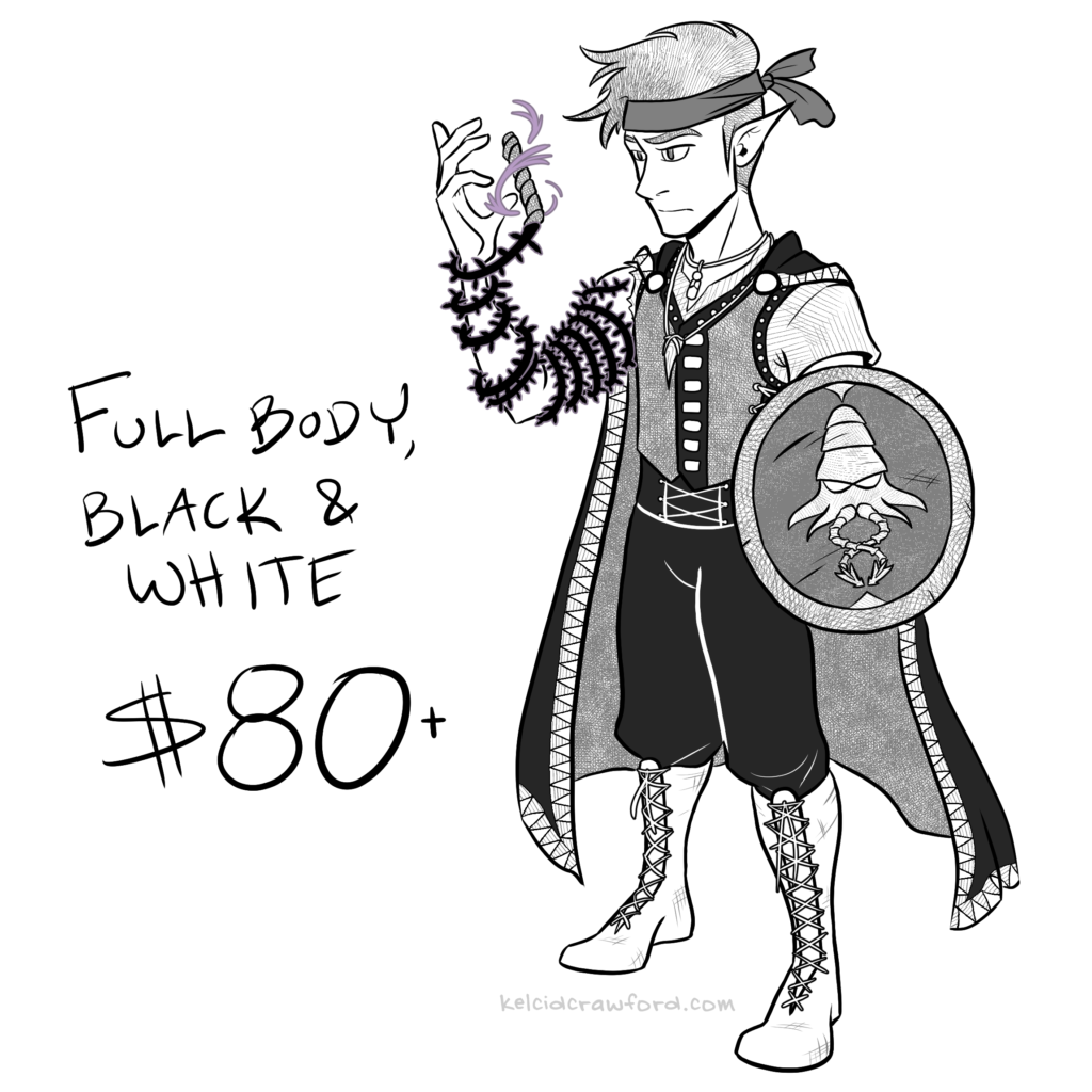 full body, black and white character $80+