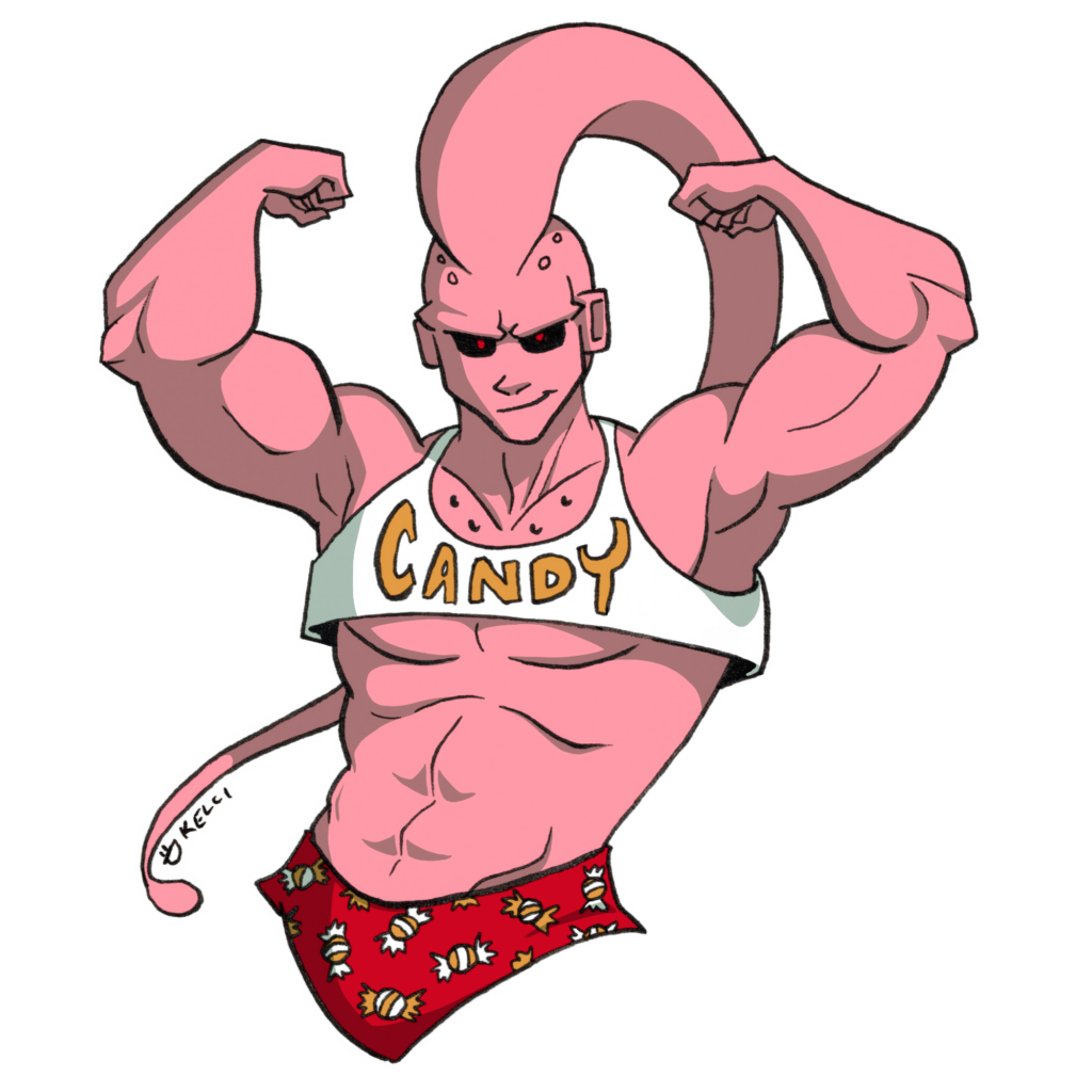 super buu flexes in a crop top that says "CANDY." He also has on briefs decorated in candy designs
