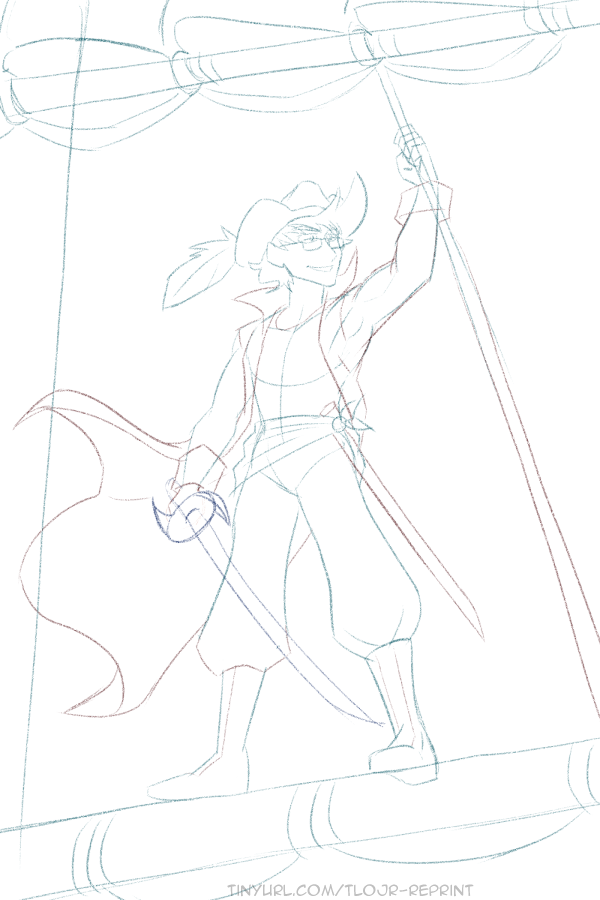 a sketch of Jamie Roberts, a genderqueer pirate, stands on the wood beams off the mast of a ship. They have a smile on their face and a sword in their hand as their coat flaps in the wind