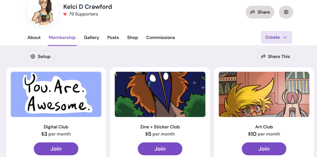 a header shows kelcidcrawford on ko-fi. Under the "Memberships" tab are 3 options - Digital Club at $3 per month, the Zine + Sticker Club at $5 per month, and the Art Club at $10 per month